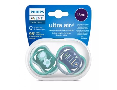 Philips Avent Ultra Air Silicone Soother, Hello - Ελεφαντάκια, 18m+ Μπλε-Πράσινο, 2τμχ