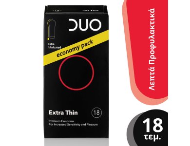Dυο Thin Extra Lubricated, Προφυλακτικά Πολύ Λεπτά, για Προστασία & Απόλαυση, 18τμχ