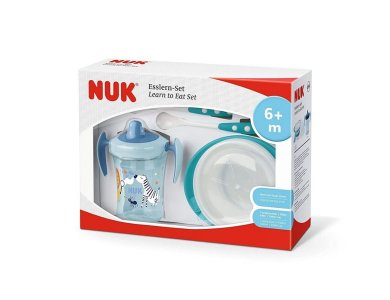 Nuk Εκπαιδευτικό Σετ Φαγητού Μπλέ 6m+ με Εκπαιδευτικό Κυπελλάκι, 1τεμ, Μπολ Φαγητού, 1τεμ & Κουτάλια Σιλικόνης, 2τεμ, 1σετ
