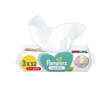 Pampers Sensitive Baby Wipes Promo (2+1), Μωρομάντηλα 3x52τμχ, 1σετ