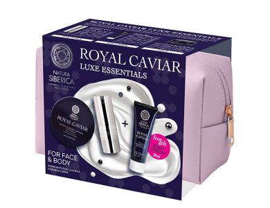 Natura Siberica Promo Royal Caviar Luxe Essentials Icy Firming Eye Cream, 15ml, Lifting & Firming Peptide Eye Patches, 60pcs, Free Anti-Age Transforming Body Cream, 30ml & Free Toiletry Bag, 1pc, 1set