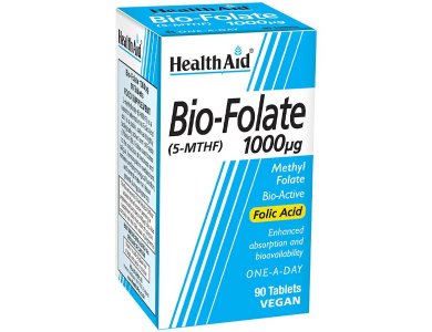 Health Aid Bio-Folate 1000mg,, Βιοενεργή Μορφή Φολικού Οξέος για Ενέργεια Εγκυμοσύνη & τον Μεταβολισμό, 90tabs