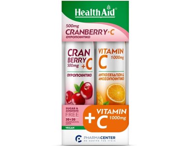 Health Aid Promo Pack Cranberry 500mg + Vitamin C, 20tabs & Vitamin C 1000mg, 20tabs