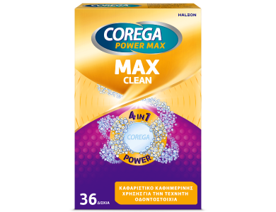Corega Power Max Clean 4in7 Καθαριστικά Δισκία για Τεχνητές Οδοντοστοιχίες με Περισσότερο Ενεργό Οξυγόνο, 36tabs