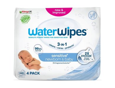 WaterWipes Sensitive+ Πακέτο Προσφοράς 100% Plastic-free Άοσμα Μωρομάντηλα με 99,9% Νερό, 240τμχ (4x60τεμ)
