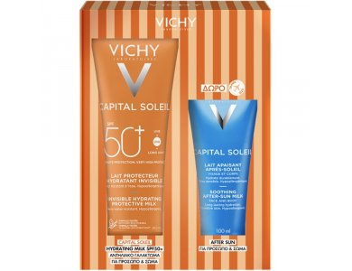 Vichy Promo Capital Soleil Ενυδατικό Αντηλιακό Γαλάκτωμα Σώματος SPF50+, 300ml & Δώρο After Sun Καταπραϋντικό Γαλάκτωμα για Πρόσωπο & Σώμα, 100ml, 1σετ