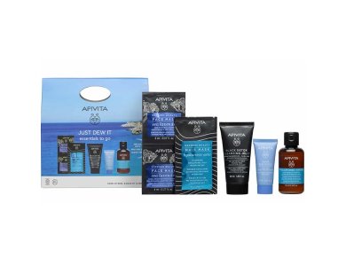 Apivita Just Dew It Essentials to Go Travel Set με Aqua Beelicious Ενυδατική Κρέμα-Gel, 15ml, Black Detox Gel Καθαρισμού, 50ml, Express Beauty Μάσκα Προσώπου, 2x8ml, Hyalouronic Hydra Σαμπουάν Μαλλιών, 75ml & Express Beauty Μάσκα Μαλλιών, 20ml, 1σετ