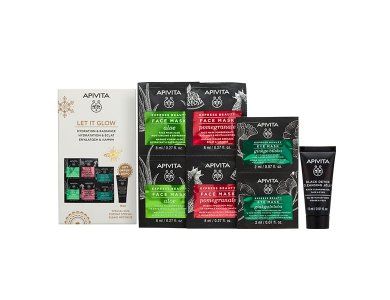 Apivita Promo Let it Glow για Ενυδάτωση & Λάμψη Express Beauty Μάσκα Προσώπου Αλόη, 2x8ml, Μάσκα Προσώπου Ρόδι, 2x8ml, Μάσκα Ματιών Ginkgo Biloba, 2x2ml & Δώρο Μαύρο Gel Καθαρισμού, 15ml, 1σετ