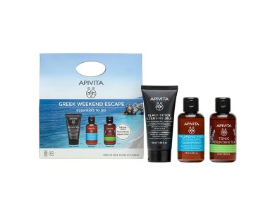 Apivita Promo Greek Weekend Escape Εssentials to Go Cleansing Black Detox Gel Καθαρισμού, 50ml, Hyaluronic Hydra Σαμπουάν, 75ml & Tonic Mountain Tea Aφρόλουτρο, 75ml, 1σετ