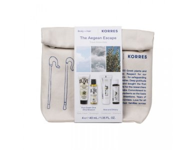 Korres The Agean Escape Travel Essentials, Kρέμα Σώματος Άνθη Eλιάς 40ml, Αφρόλουτρο Άνθη Eλιάς 40ml, Αλόη & Δίκταμο Σαμπουάν 40ml & Αλόη & Δίκταμο Mαλακτική Kρέμα Μαλλιών 40ml