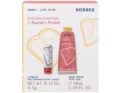 Korres Promo Hands + Lips To Go με Peony Rose Κρέμα Χεριών, 50ml & Lip Balm Grape Tinted Bάλσαμο Χειλιών, 4.5g, 1σετ