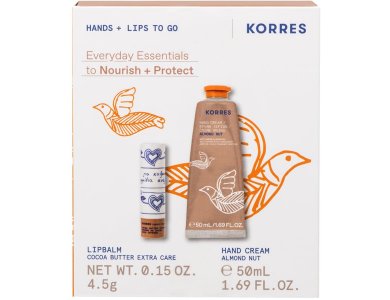 Korres Promo Hands & Lips to Go Σετ Καθημερινής Θρέψης & Ενυδάτωσης για Χέρια & Χείλη με Almond Nut Κρέμα Χεριών, 50ml & Balm Χειλιών με Βούτυρο Κακάο, 4.5g, 1σετ