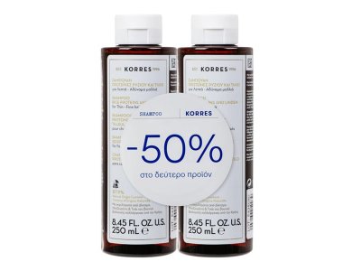 Korres Promo (-50% στο Δεύτερο Προϊόν) Σαμπουάν με Πρωτεΐνες Ρυζιού & Τίλιο για Λεπτά-Αδύναμα Μαλλιά, 2x250ml