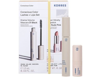 Korres Conscious Color Set Drama Volume, Μάσκαρα για Έντονο Μήκος & Όγκο, 13ml & True Velvety Κραγιόν 13 Nude Pink, 3g, 1σετ