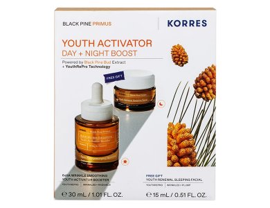 Korres Promo Black Pine Primus 6xHA Wrinkle Smoothing Youth Activator Booster Ορός Ενεργοποίησης Νεότητας, 30ml & Δώρο Youth Renewal Sleeping Κρέμα Νεότητας Νύχτας, 15ml, 1σετ