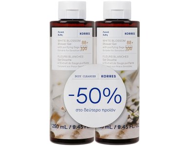 Korres Promo (-50% στο 2ο Προϊόν) Αφρόλουτρο White Blossom, 2x250ml, 1σετ