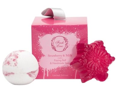 Fresh Line Promo Xmas Strawberry & Milk Candy Box, Χειροποίητη Αναβράζουσα Μπάλα, 120g & Χειροποίητο Σαπούνι, 100g