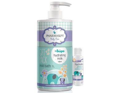 Pharmasept Baby Care Mild Bath Απαλό Βρεφικό Αφρόλουτρο για Σώµα & Μαλλιά, 1lt & Δώρο Hydrating Milk Βρεφικό Ενυδατικό Γαλάκτωμα για Σώμα & Πρόσωπο, 40ml, 1σετ