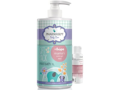 Pharmasept Πακέτο Προσφοράς με Baby Care Mild Bath Απαλό Βρεφικό Αφρόλουτρο, 1lt & Δώρο Mama's Intim Gel Τζελ Καθαρισμού για την Ευαίσθητη Περιοχή, 40ml, 1σετ