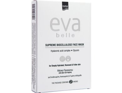 Intermed Eva Belle Supreme Biocellulose Face Mask Μάσκα Προσώπου με Υαλουρονικό Οξύ & Γλυκερίνη, 2x15ml