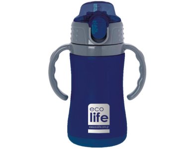 Eco Life Kids Thermos, Παγουράκι Θερμός Inox με Διπλό Τοίχωμα με Καλαμάκι, Χρώμα Blue, 300ml