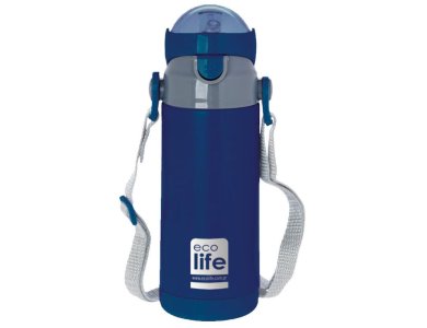 Eco Life Kids Thermos, Παγουράκι Θερμός Inox με Διπλό Τοίχωμα με Καλαμάκι, Χρώμα Μπλέ, 400ml