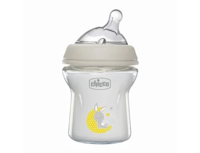 Chicco Natural Feeling Γυάλινο Μπιμπερό με Θηλή Σιλικόνης Μικρής Ροής 0m+, 150ml