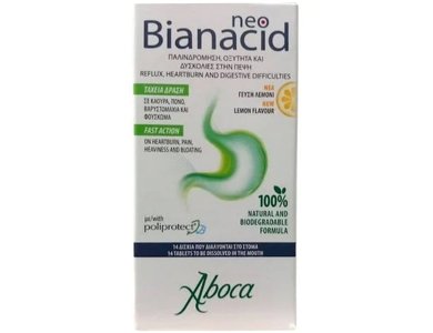 Aboca Neo Bianacid, Συμπλήρωμα διατροφής για τη ταχεία δράση σε καούρα, πόνο, βαρυστομαχιά και φούσκωμα, με γευση λεμόνι, 14chew.tabs