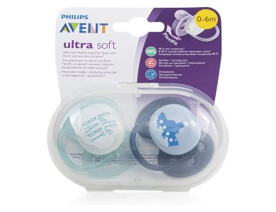 Philips Avent SCF222/01, Πιπίλα ultra soft, 0-6 μηνών Γκρι/Γαλάζιο, 2τμχ