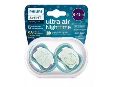Philips Avent Ultra Air Nighttime, Ορθοδοντική Πιπίλα Σιλικόνης, Αστέρι-Φεγγάρι, 6-18m, 2τεμ