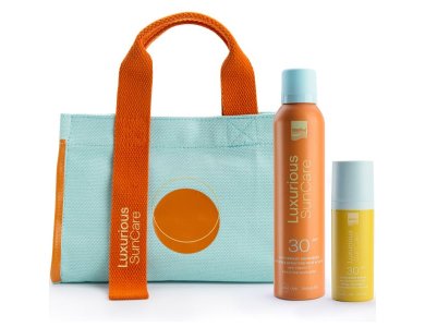 Intermed Promo Pack με Luxurious Sun Care Αντηλιακός Ορός Προσώπου SPF 30, 50ml, Antioxidant Sunscreen Invisible Αντηλιακό Spray για Πρόσωπο & Σώμα SPF 30, 200ml & Δώρο Τσάντα Θαλάσσης, 1τεμ, 1σετ
