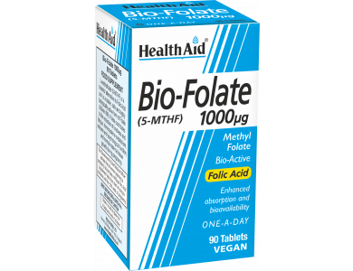 Health Aid Bio-Folate 1000mg,, Βιοενεργή Μορφή Φολικού Οξέος για Ενέργεια Εγκυμοσύνη & τον Μεταβολισμό, 90tabs
