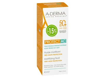 A-Derma – Protect AC Mattifying Fluid. Λεπτόρρευστη Αντηλιακή Κρέμα Προσώπου για Ματ Αποτέλεσμα SPF50+, 40ml