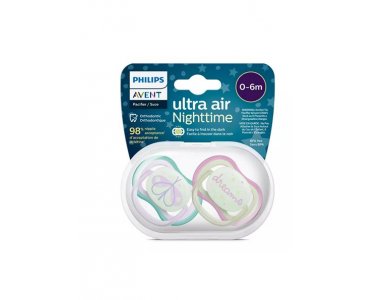 Philips Avent Ultra Air Nighttime SCF376/17, Ορθοδοντική Πιπίλα Σιλικόνης 0-6m, 2τεμ