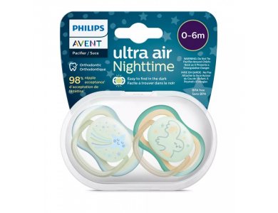 Philips Avent Ultra Air Nighttime SCF376/17, Ορθοδοντική Πιπίλα Σιλικόνης  0-6m, 2τεμ