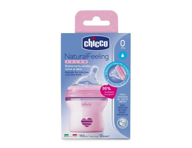 Chicco Natural Feeling Μπιμπερό Πλαστικό, Κανονικής Ροή, Ρόζ, 0m+, 150ml