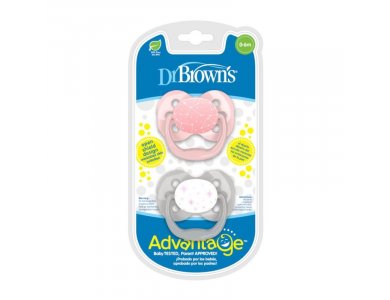 Dr. Brown's Πιπίλα Σιλικόνης Advantage, Επίπεδο 1, (0-6m), Ροζ-Κορίτσι, 2τμχ