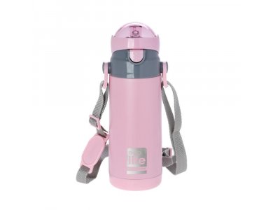 Eco Life Kids Thermos, Παγουράκι Θερμός Inox με Διπλό Τοίχωμα με Καλαμάκι, Χρώμα Ρόζ, 400ml