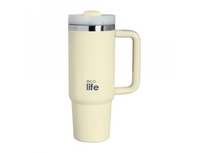 Eco Life Cream Eco Friendly, Ανοξείδωτο Ποτήρι Θερμός με Καλαμάκι, 900ml