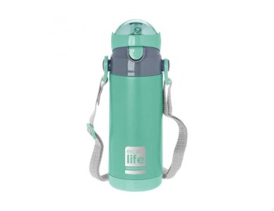 Eco Life Kids Thermos, Παγουράκι Θερμός Inox με Διπλό Τοίχωμα με Καλαμάκι, Χρώμα Μέντα, 400ml
