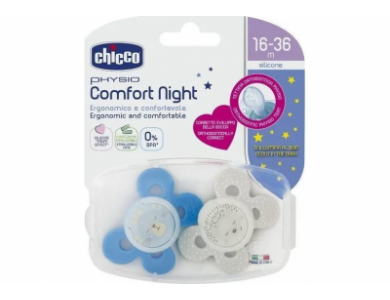 Chicco Physio Comfort Night, Εργονομική Πιπίλα Νύχτας με Θηλή Σιλικόνης για Ηλικίες 16-36m, 2τμχ