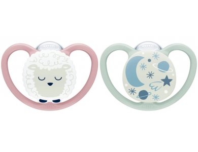 Nuk Space Night, Πιπίλες Σιλικόνης Νυκτός με Θήκη Ροζ - Βεραμάν για 6-18m 2τμχ