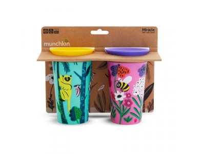 Munchkin Miracle 360° Deco Sippy Cups 266ml – Lemur & Bee, Εκπαιδευτικό Κύπελλο-Ποτήρι με καπάκι, 2τμχ