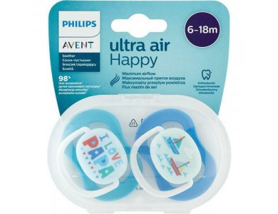 Philips Avent Ultra Air Happy SCF080/03, Πιπίλα Σιλικόνης 6-18m Γαλάζιο Χρώμα, 2τεμ