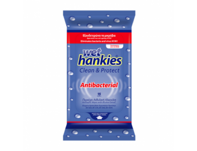 Wet Hankies Clean & Protect Antibacterial, Αντιβακτηριδιακά Μαντηλάκια με Αιθυλική Αλκοόλη, 15τμχ (1+1 Δωρο)